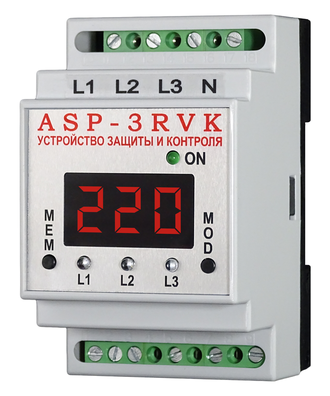 ASP-3RVK - контроль трёхфазной сети, с функцией контроля выходных контактов трёхфазного контактора. С релейным выходом.